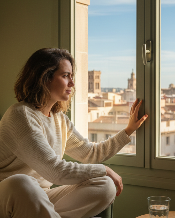 Mujer mirando por la ventana hacia los tejados de Barcelona