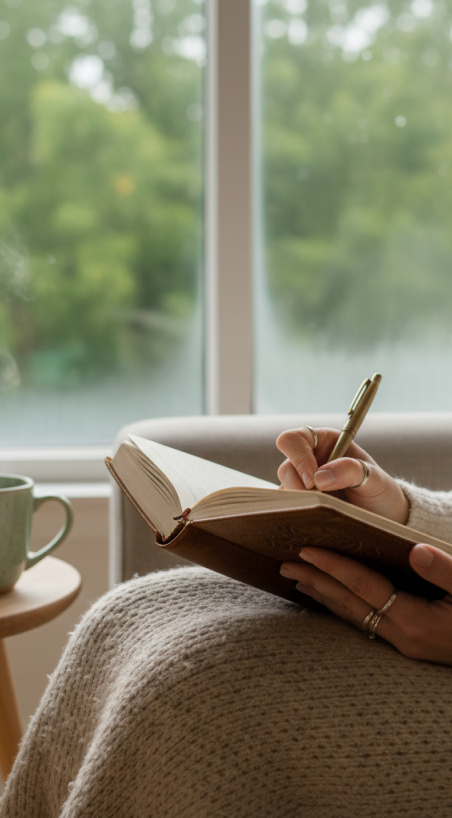 Manos escribiendo en un cuaderno junto a una ventana