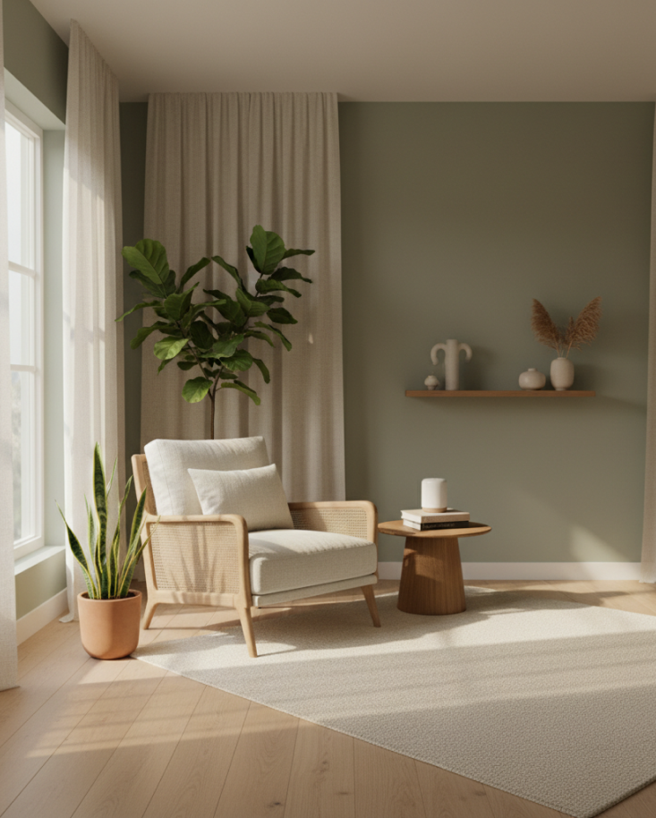 Sala de espera con butaca, plantas y luz natural