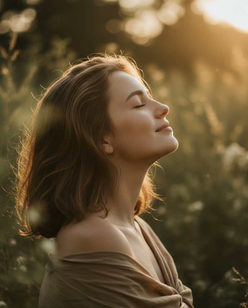 Mujer con los ojos cerrados al aire libre a la luz del atardecer
