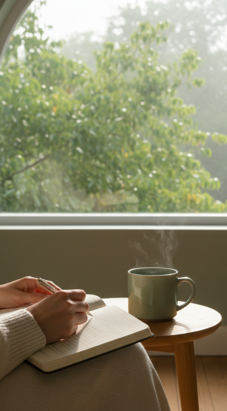 Manos escribiendo en un cuaderno con una taza junto a la ventana